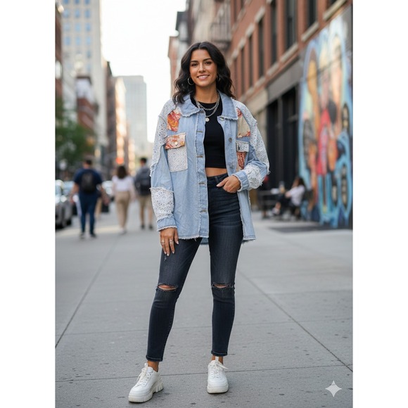 POL Tops - New Pol Denim Shacket Womens Top L Distressed Patchwork Indie Boho Anthropologie